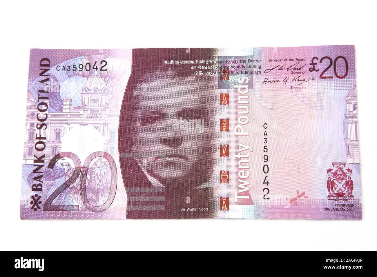 Sir Walter Scott on Obverse of Bank of Scotland Twenty Pound Note Stock Photo