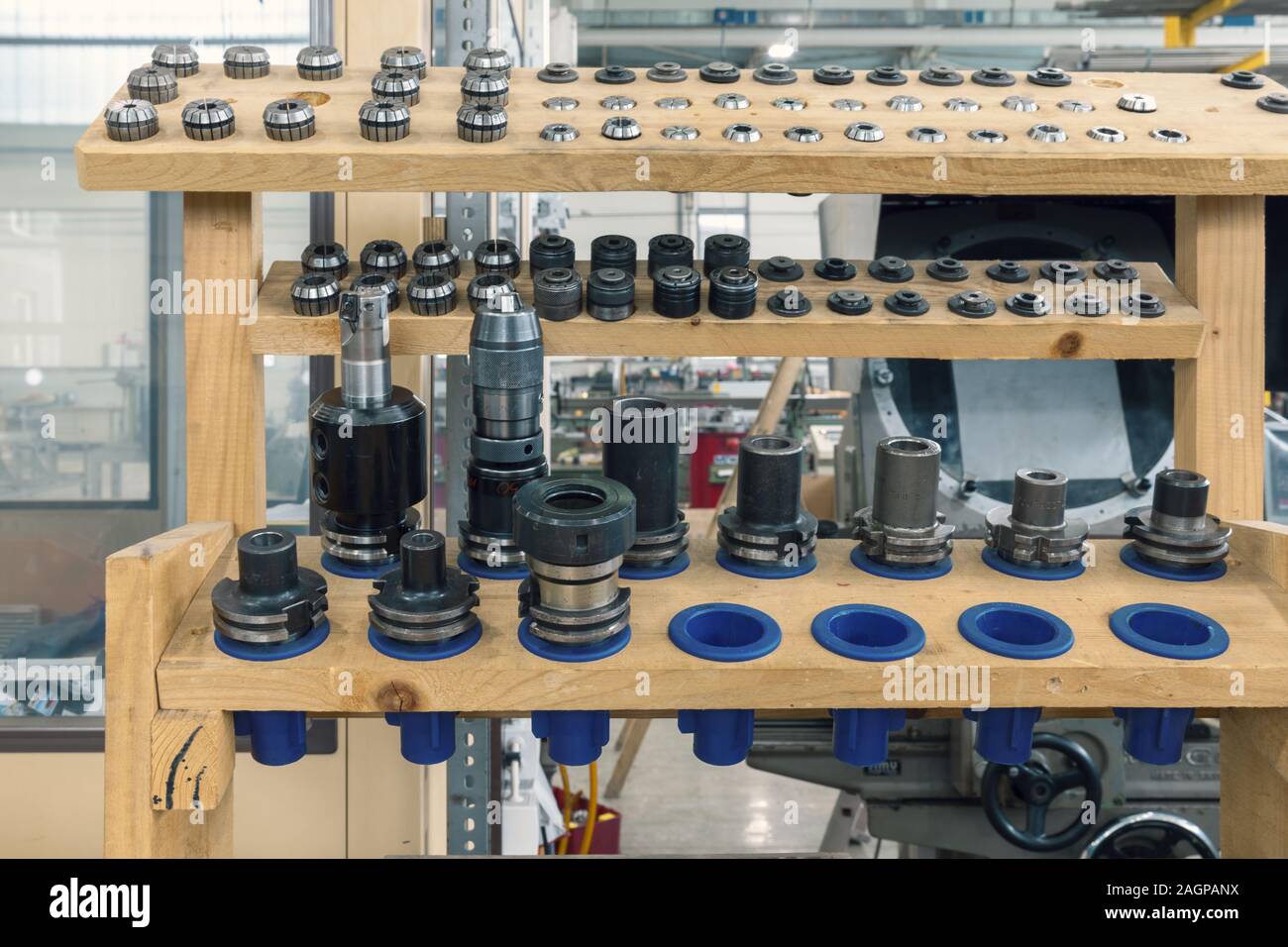 metal working tools for CNC on the shelf, close up Stock Photo