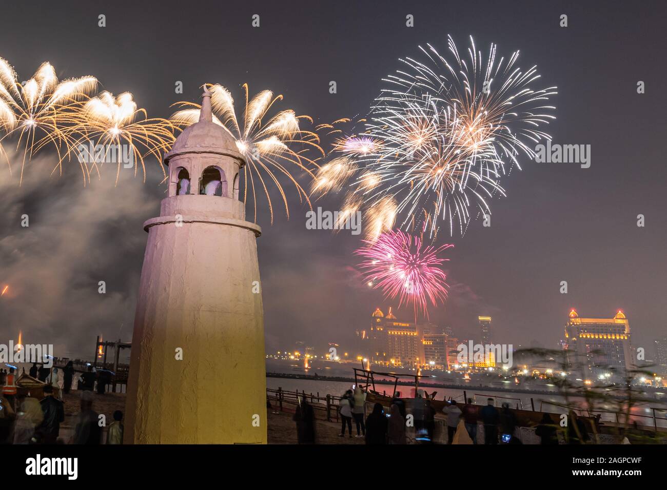 Qatar National Day Fireworks in Katara Cultural Village Stock Photo