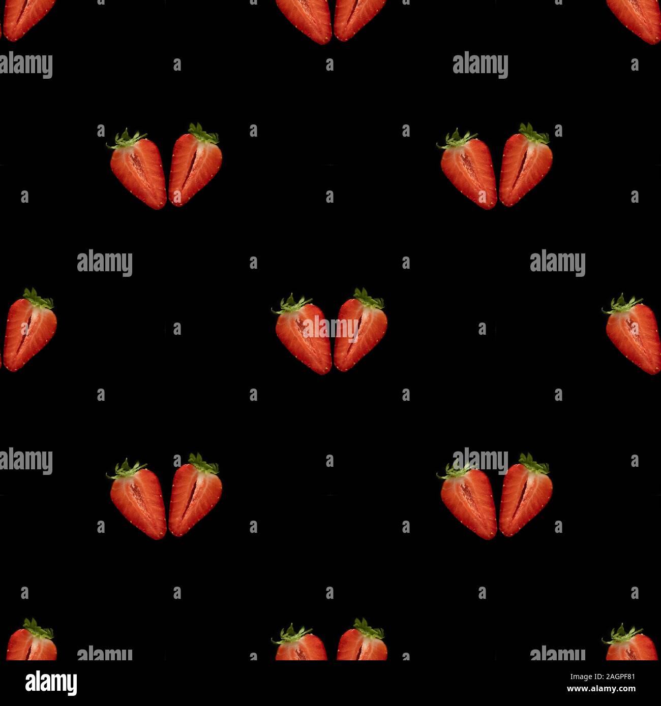 Strawberry seamless pattern. Berry pattern on black background. Top view. Original minimal food concept. Summer pattern. Stock Photo