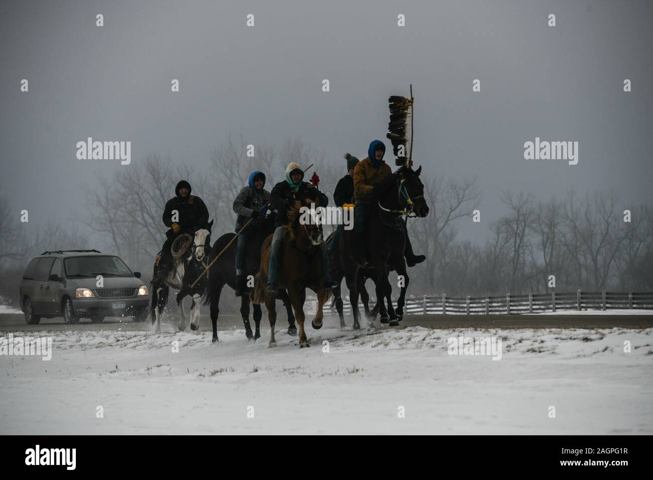 Russell, Minnesota, USA. 20th Dec, 2019. A group of Dakota riders continue their journey out of Russell, on Friday, the 10th day and 236 mile of a 325-mile Dakota 38 2 Memorial Ride to Mankato, Minnesota, site of the largest mass execution in U.S. history. President Abraham Lincoln ordered the hanging of 38 Dakota Indians''”and later, two chiefs''”following their uprising against the U.S. government . Credit: ZUMA Press, Inc./Alamy Live News Stock Photo