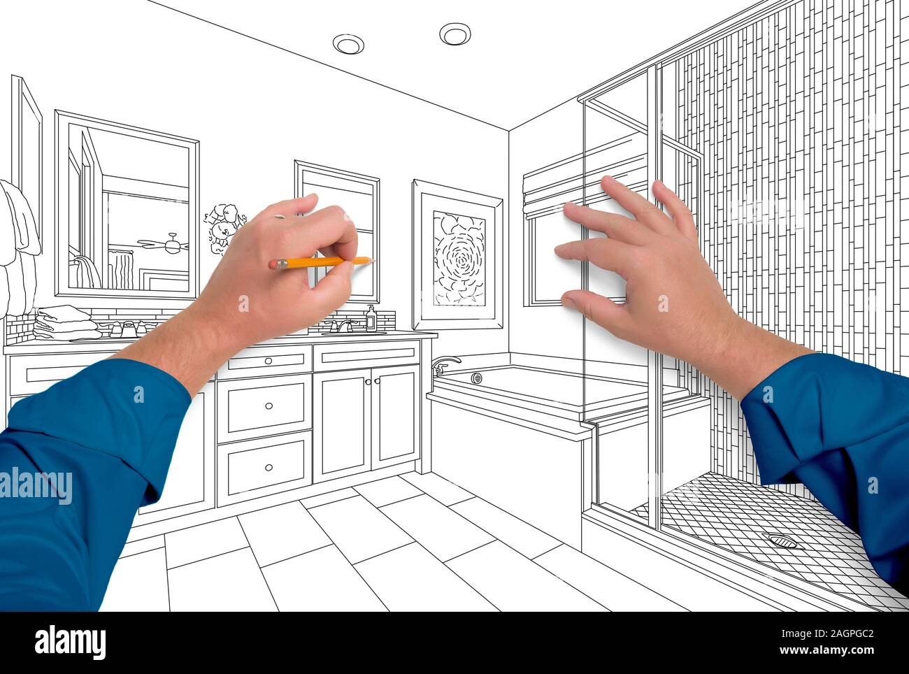 Male Hands Sketching Beautiful Custom Bathroom. Stock Photo