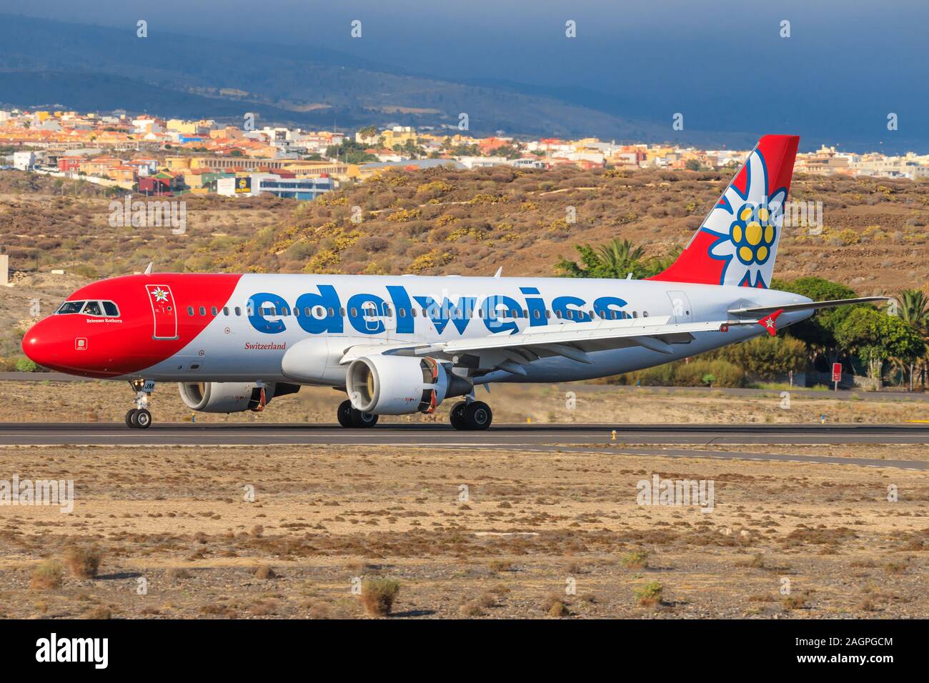 Teneriffa, Spane– August 2017: Edelweiss A320 airplane at Teneriffa (TFS) Stock Photo