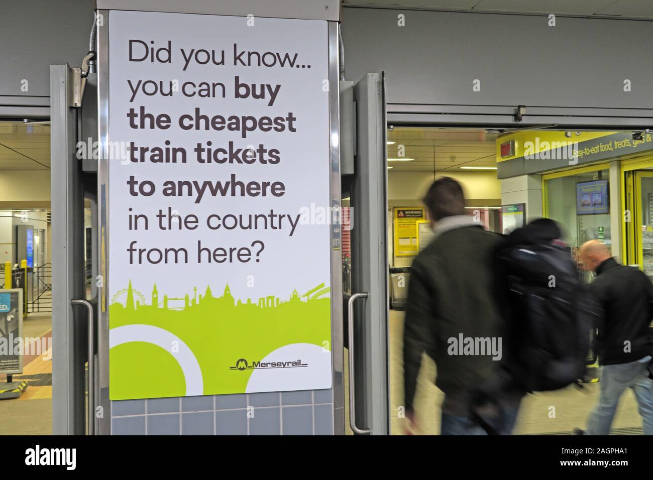 Merseyrail - Buy the cheapest train tickets to anywhere, poster in Lime st station, Liverpool , Merseyside, North West England, UK Stock Photo