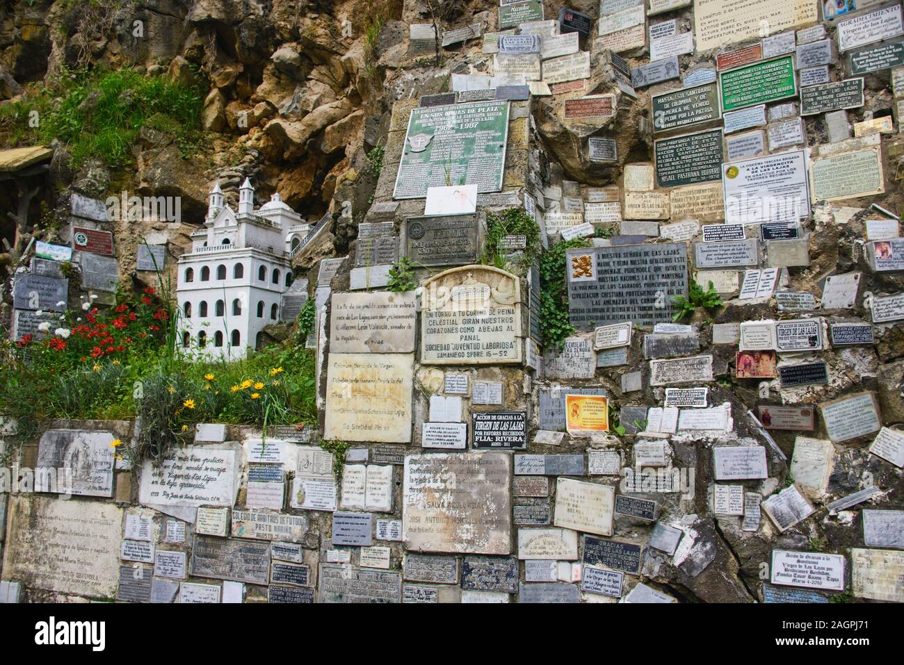 Memorials at Las Lajas sanctuary and basilica, Ipiales, Colombia Stock Photo
