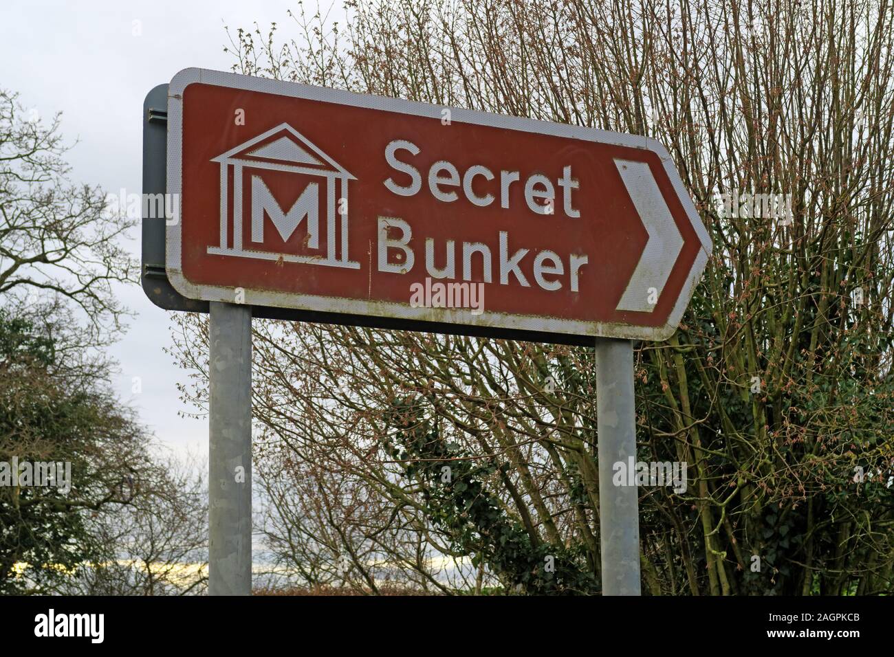 Brown Secret Bunker sign, museum, Hack Green, French Ln, Nantwich, Cheshire, England UK,  CW5 8BL - former nuclear bunker Stock Photo