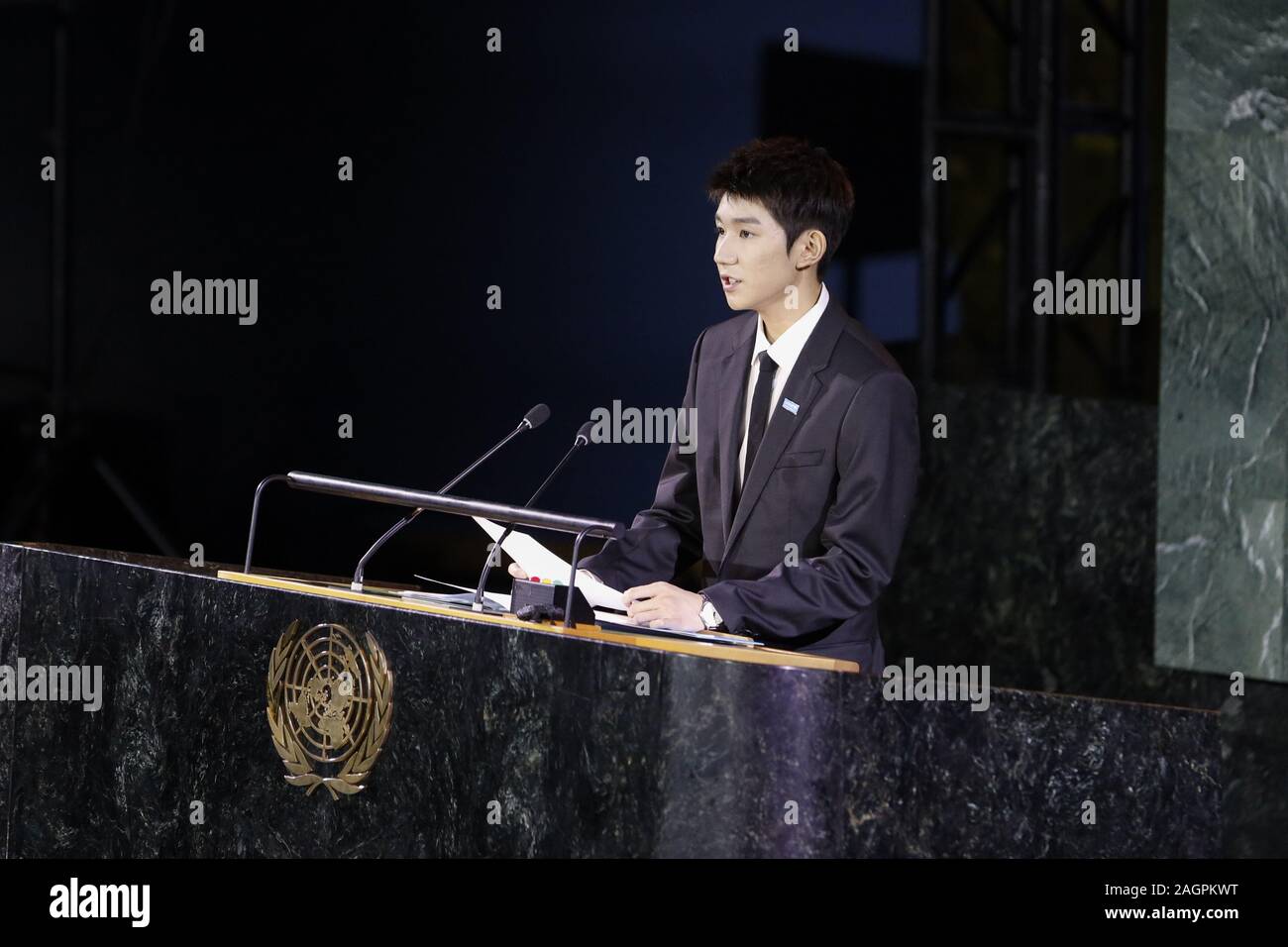 (191220) -- NEW YORK, Dec. 20, 2019 (Xinhua) -- United Nations Children's Fund (UNICEF) Goodwill Ambassador Wang Yuan addresses a high-level meeting on the occasion of the 30th anniversary of the adoption of the Convention on the Rights of the Child (CRC), at the UN headquarters in New York, on Nov. 20, 2019. Unilateralism and protectionism have been eroding the global governance system throughout 2019, prompting widespread concern among members of the international community. Braving such headwinds, China has been doing its utmost to defend multilateralism, via concrete actions such as paying Stock Photo