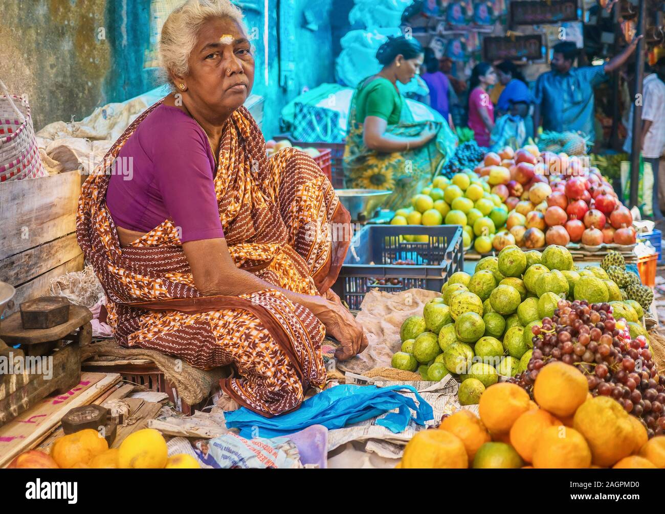 Pondicherry, India - Dec 8, 2013. An Indian woman selling fresh fruit at a market, while sitting cross-legged in a traditional south Indian sari. Stock Photo
