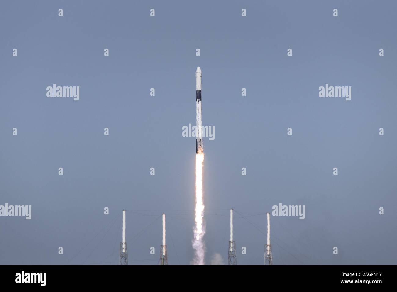 A SpaceX Falcon 9 CRS-19 rocket launched at Cape Canaveral Air Force Station, Florida, Dec. 5, 2019. The CRS-19 is the latest mission in the Commercial Resupply Services program which transports thousands of pounds of cargo and supplies to resupply the International Space Station. (U.S. Air Force photo by Joshua Clifford) Stock Photo
