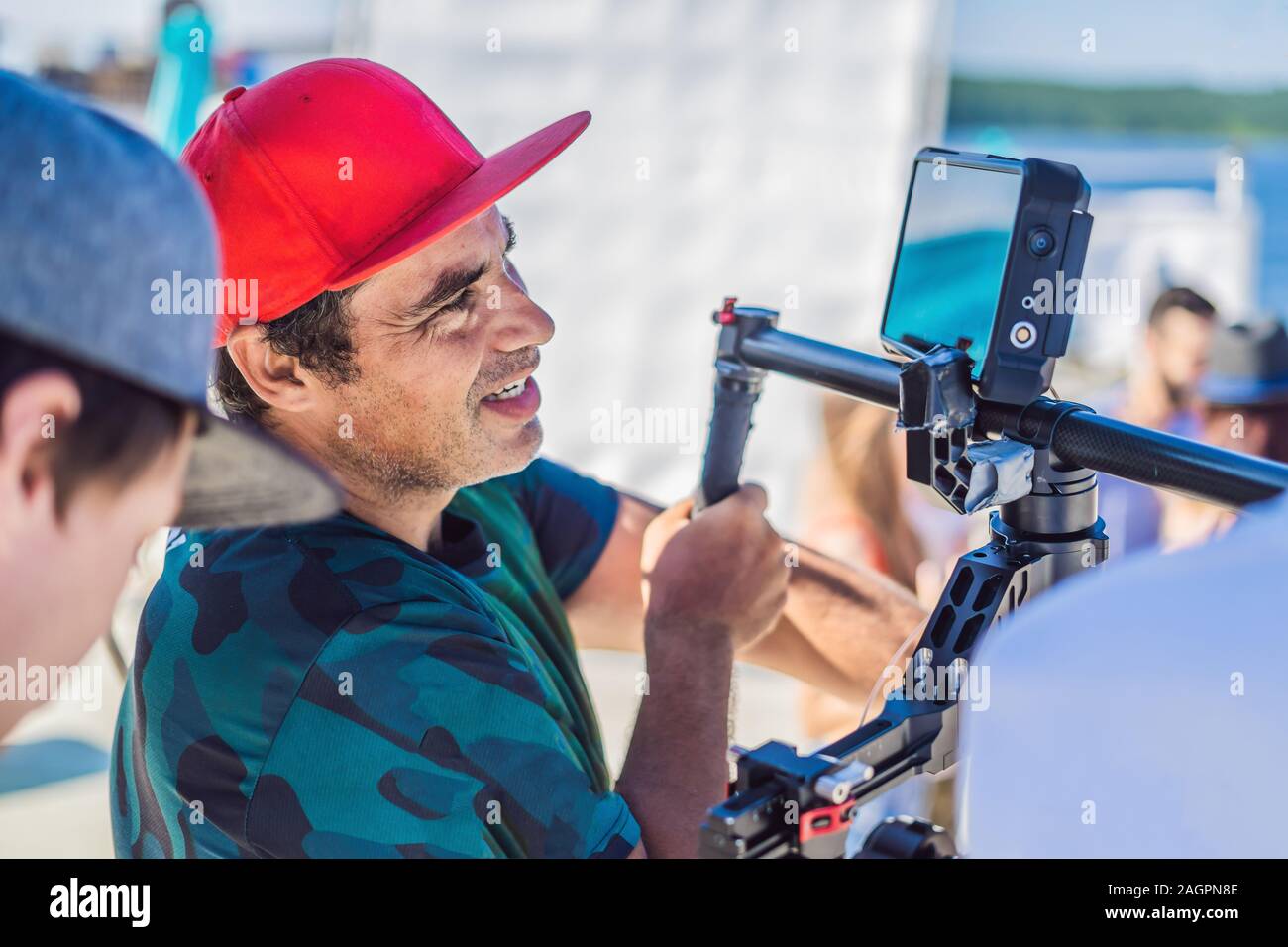 Professional steadicam operator uses a 3axis camera stabilizer system