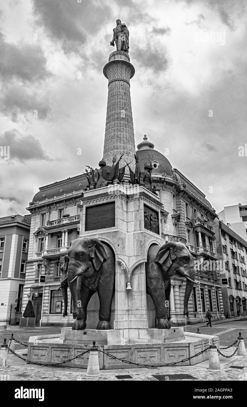 France, Savoie, Chambery, Fontaine des Elephants (Elephant's' Fountain) erected 1838, monochrome Stock Photo