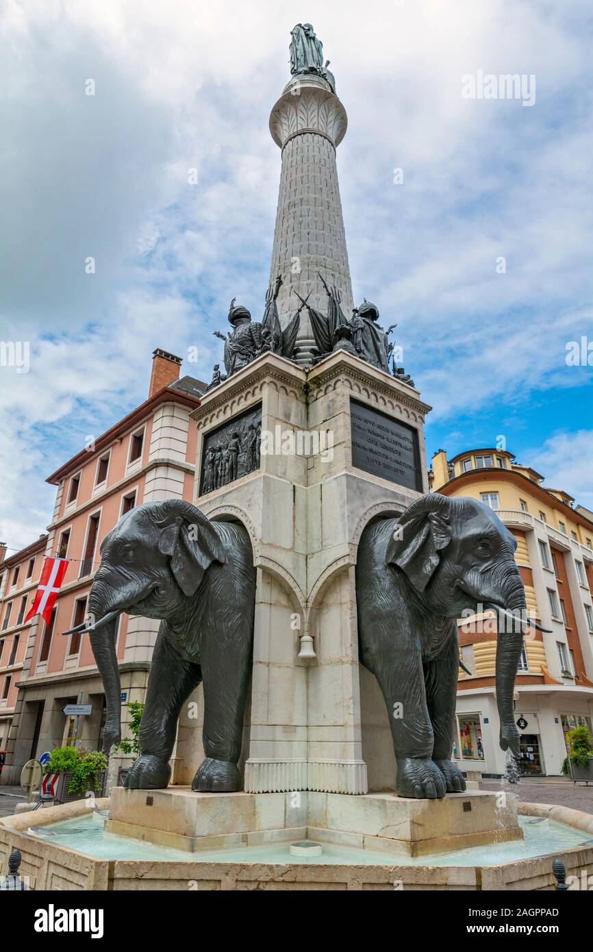 France, Savoie, Chambery, Fontaine des Elephants (Elephant's' Fountain) erected 1838 Stock Photo
