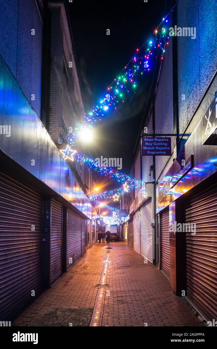 Christmas lights zig zag along Union Street in Reading, UK seen here at