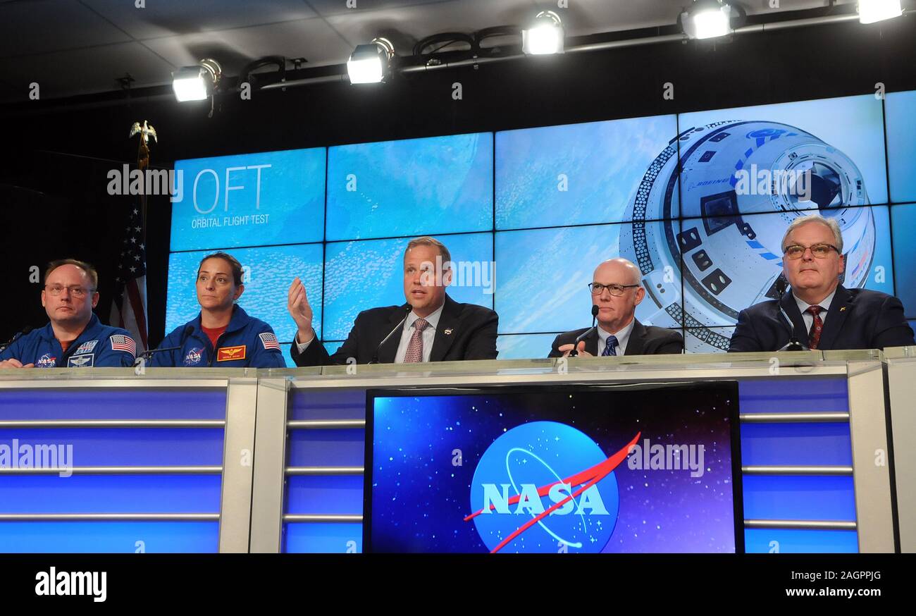 Cape Canaveral, United States. 20th Dec, 2019. (L-R) NASA astronauts Mike Fincke and Nicole Mann, NASA Administrator Jim Bridenstine, United Launch Alliance President and CEO Tory Bruno, and Jim Chilton, Boeing Senior Vice President, Space and Launch Division, speak to the media after the United Launch Alliance Atlas V rocket, carrying the Boeing CST-100 Starliner spacecraft lifted off from Space Launch Complex 41 on December 20, 2019 at Cape Canaveral Air Force Station in Florida. Credit: Paul Hennessy/Alamy Live News Stock Photo