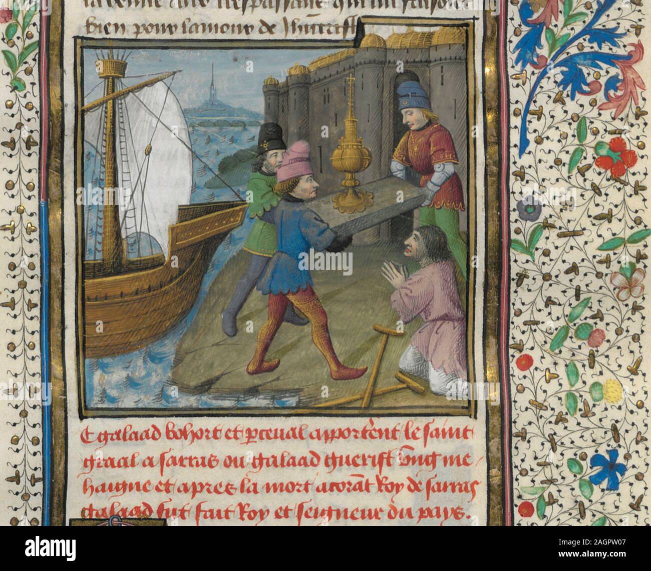 The three Grail Knights brings the Holy Grail to the Ship of Solomon. From: Lancelot en prose. Museum: BIBLIOTHEQUE NATIONALE DE FRANCE. Author: Évrard d'Espinques. Stock Photo
