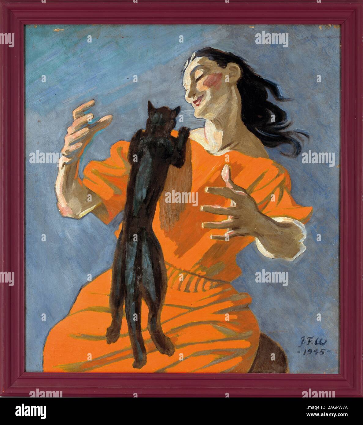 Lady playing with black cat. Museum: J. F. -Willumsens-Museum. Author: JENS FERDINAND WILLUMSEN. Stock Photo