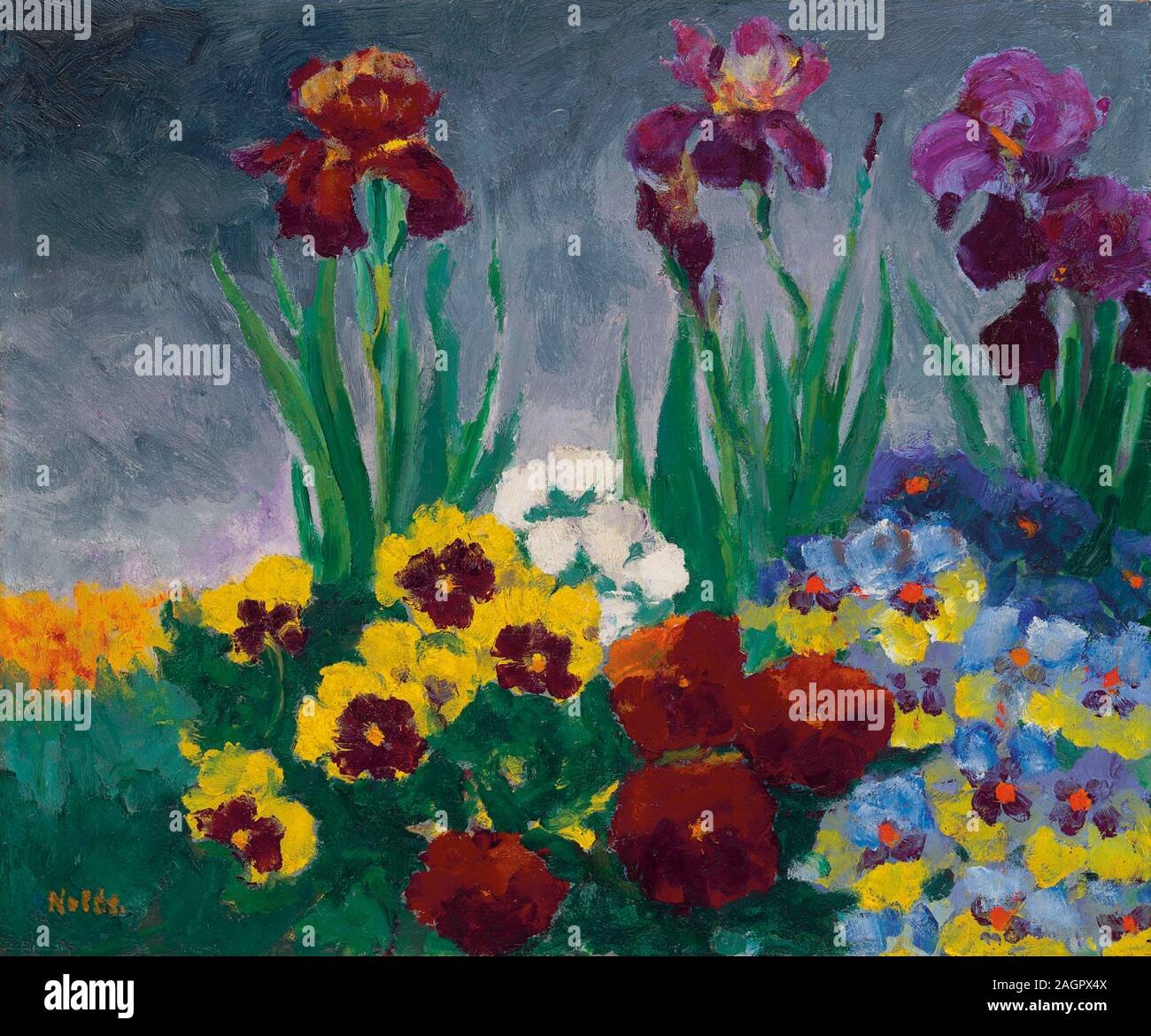 Irises and pansies. Museum: PRIVATE COLLECTION. Author: EMIL NOLDE. Stock Photo