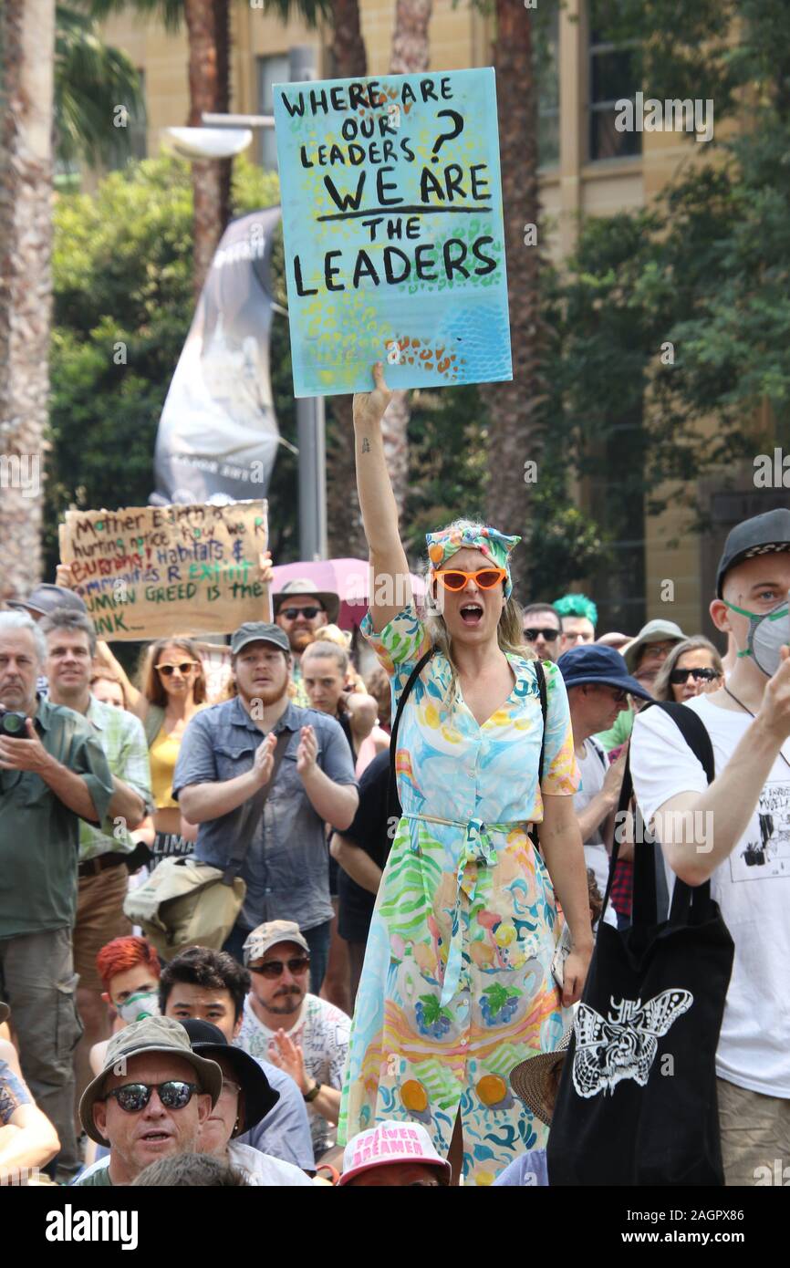 Sydney, Australia. 21st December 2019. Climate change protesters gathered at First Fleet Park and listened to various speakers before marching across the Sydney Harbour Bridge to the Prime Ministers official residence at Kirribilli House. Credit: Richard Milnes/Alamy Live News Stock Photo