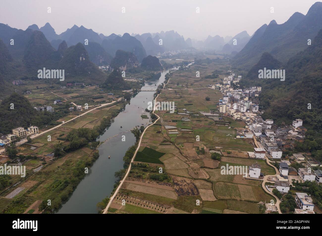Aerial view of the countryside in Yangshuo in Guanxi province, China Stock Photo
