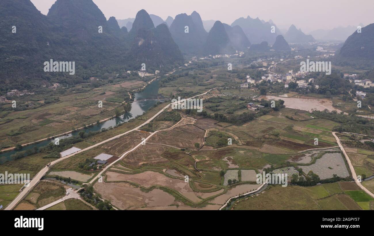 Aerial view of the countryside in Yangshuo in Guanxi province, China Stock Photo