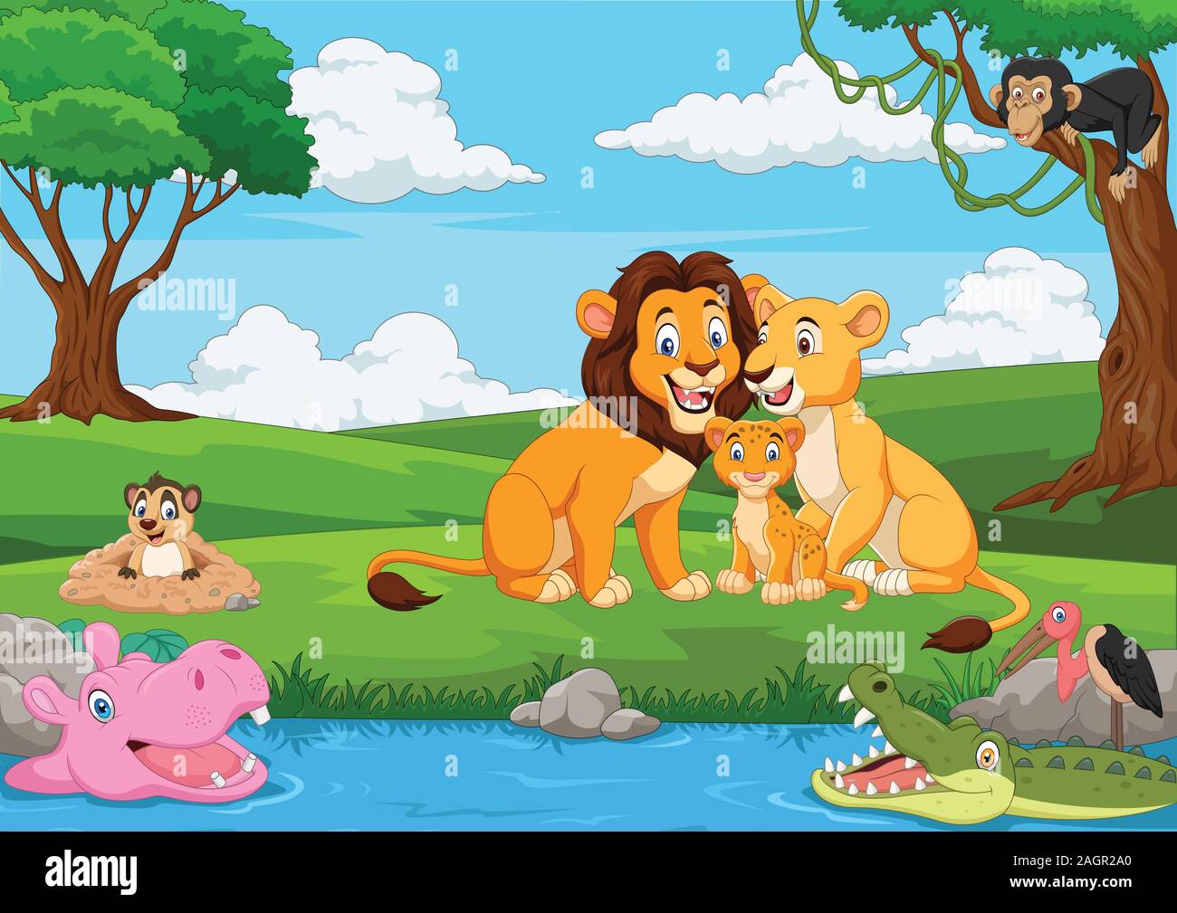 Cartoon lion family in the jungle Stock Vector