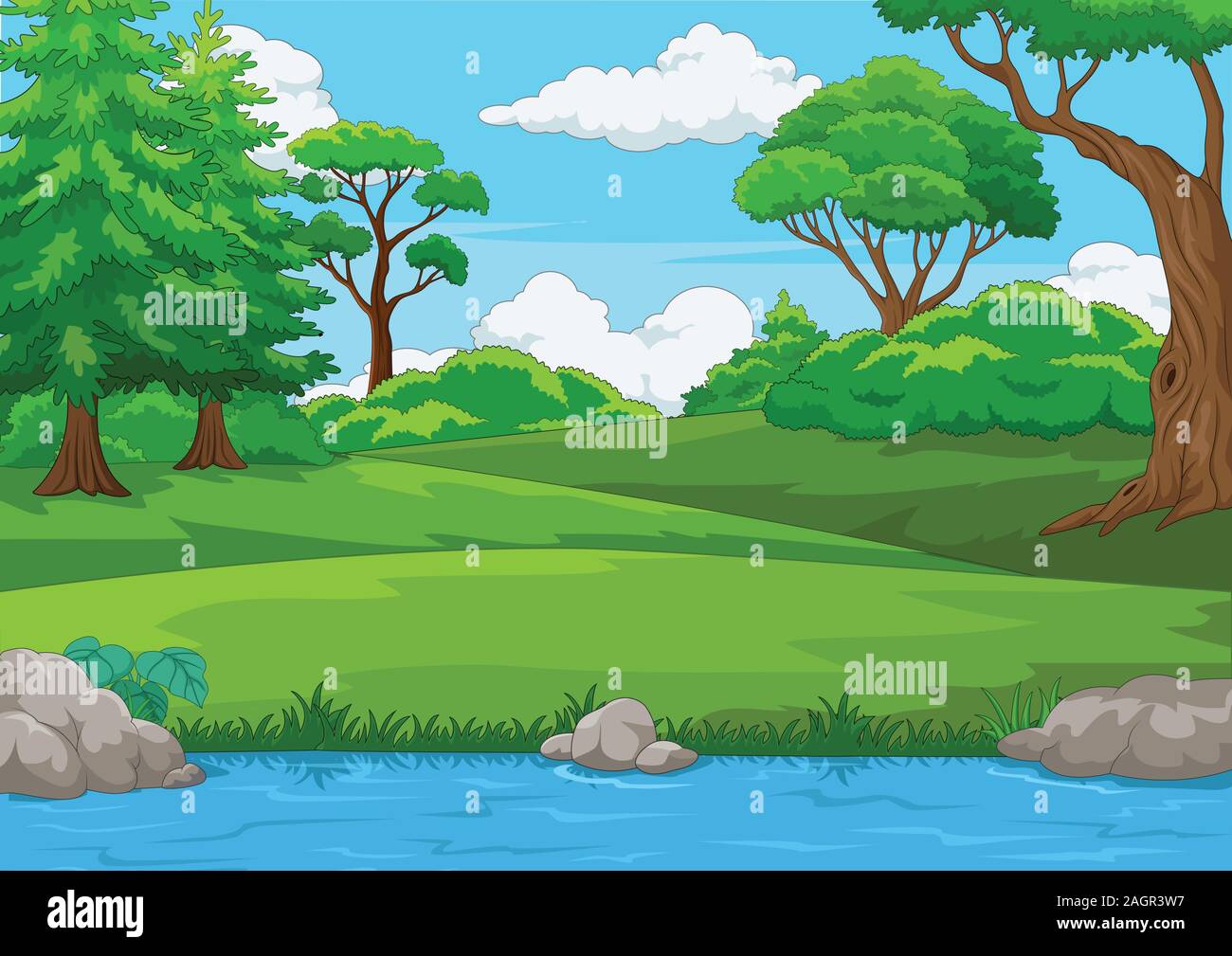 Forest scene with many trees and river illustration Stock Vector Image ...