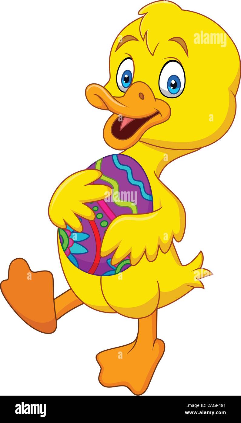Cartoon duckling holding a decorated Easter egg Stock Vector