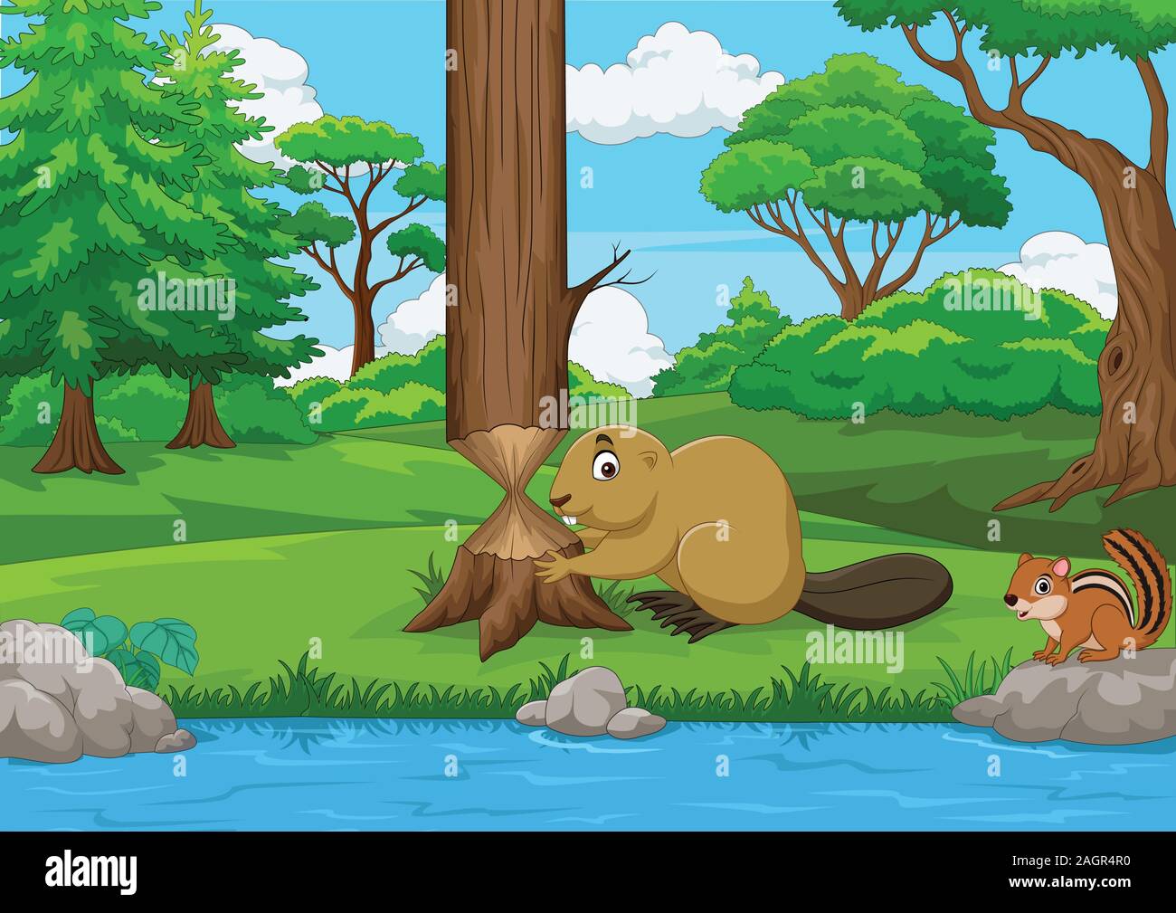 Cartoon beaver cutting a tree in the forest Stock Vector