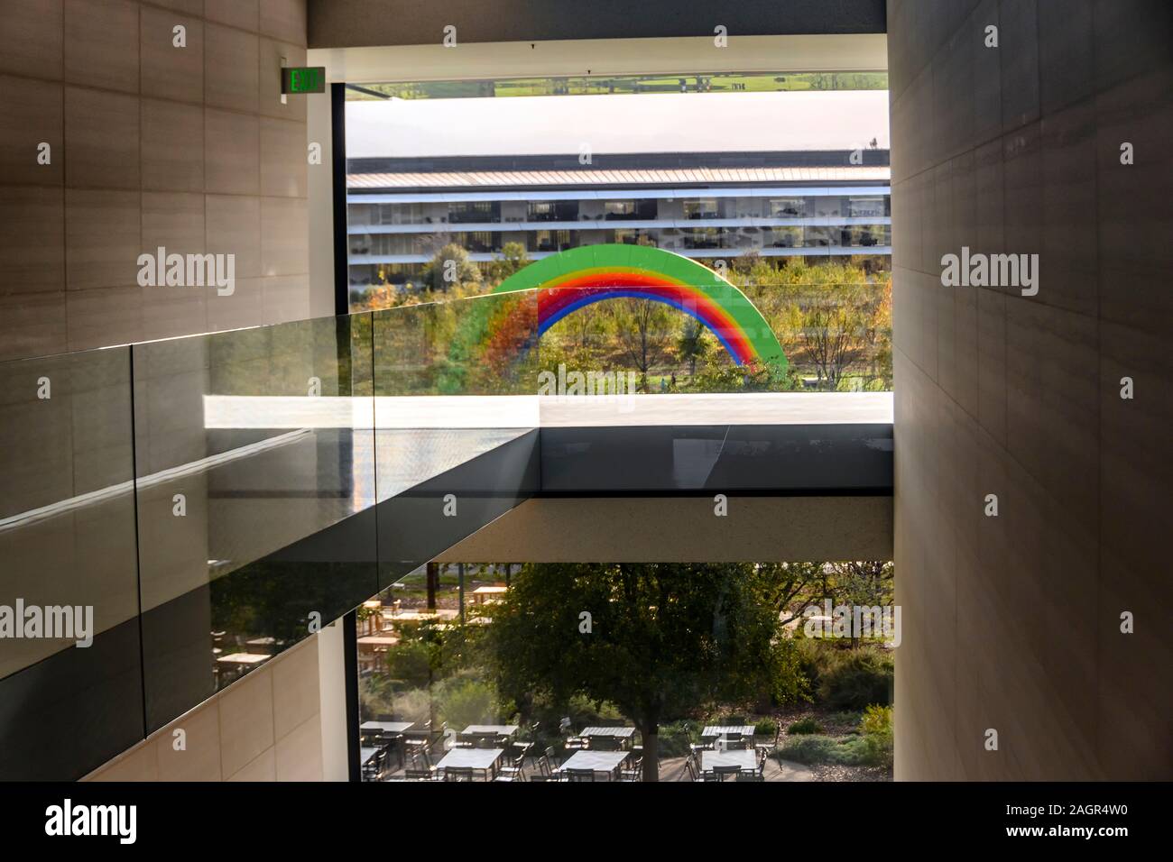 Cupertino CA USA December 14, 2019: Apple headquarters offices building, view from the third floor through glass window to the inner court. Stock Photo