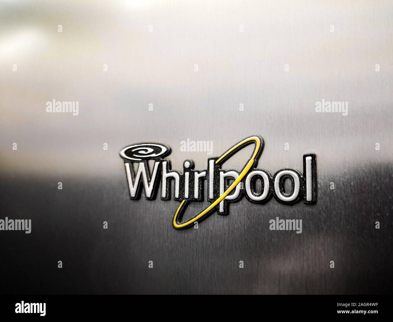 Whirlpool logo chrome metal surface on background Stock Photo
