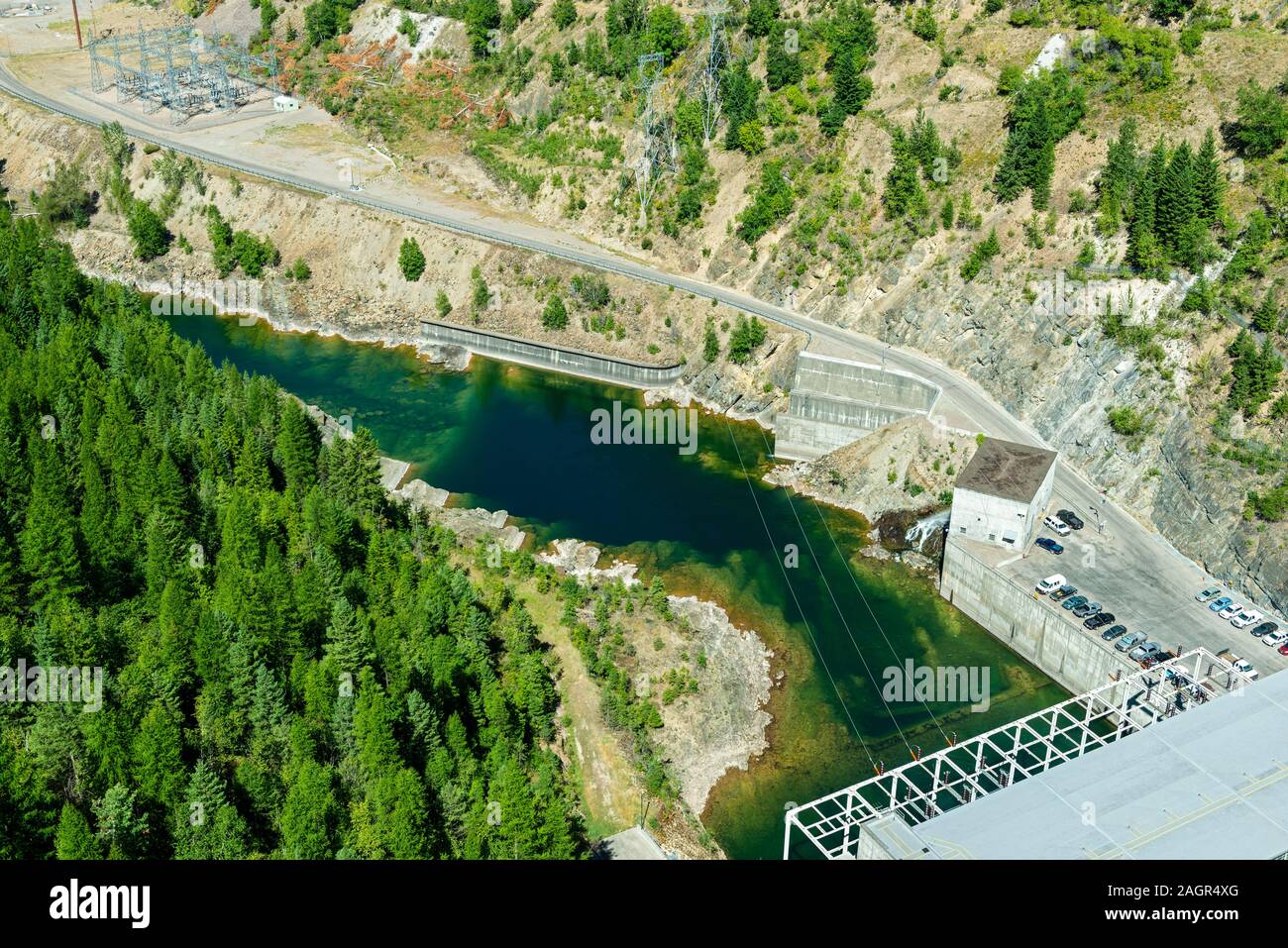 The South Fork of the Flathead River flows under Hungry Horse Dam in