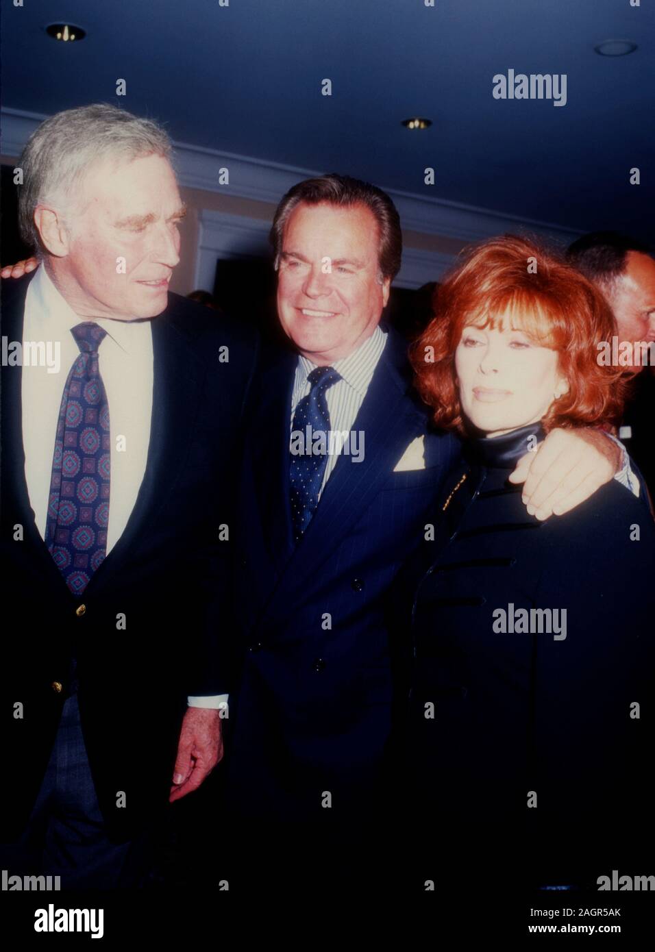 Beverly Hills, California, USA 6th April 1995 (L-R) Actor Charlton Heston, actor Robert Wagner and actress Jill St. John attend Jimmy Stewart Marathon and St. John's Hospital Benefit on April 6, 1995 at the Beverly Hills Hotel in Beverly Hills, California, USA. Photo by Barry King/Alamy Stock Photo Stock Photo
