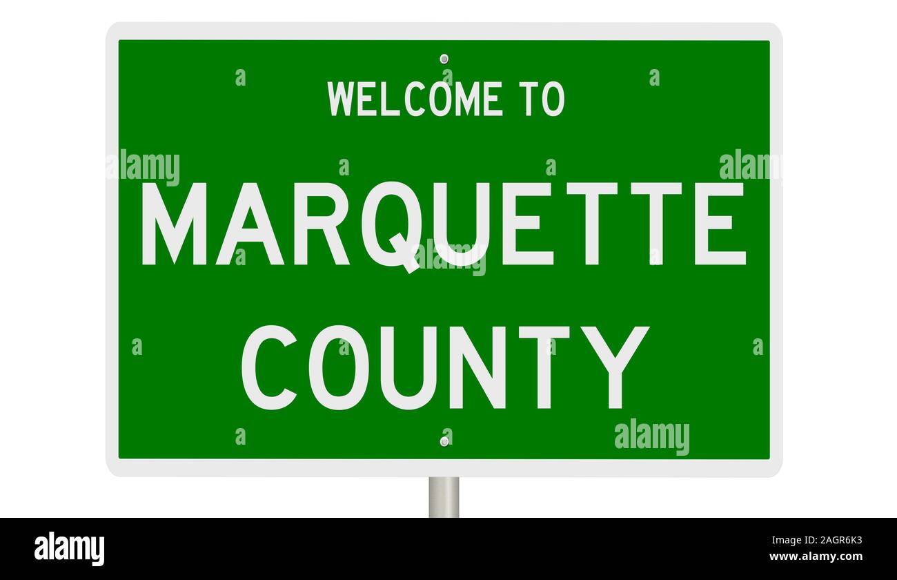 Rendering of a green 3d highway sign for Marquette County Stock Photo