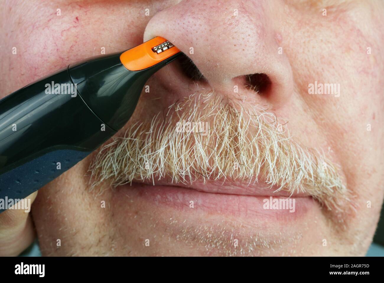 Elderly old man cuts hairs in his nose with an electric hair clipper