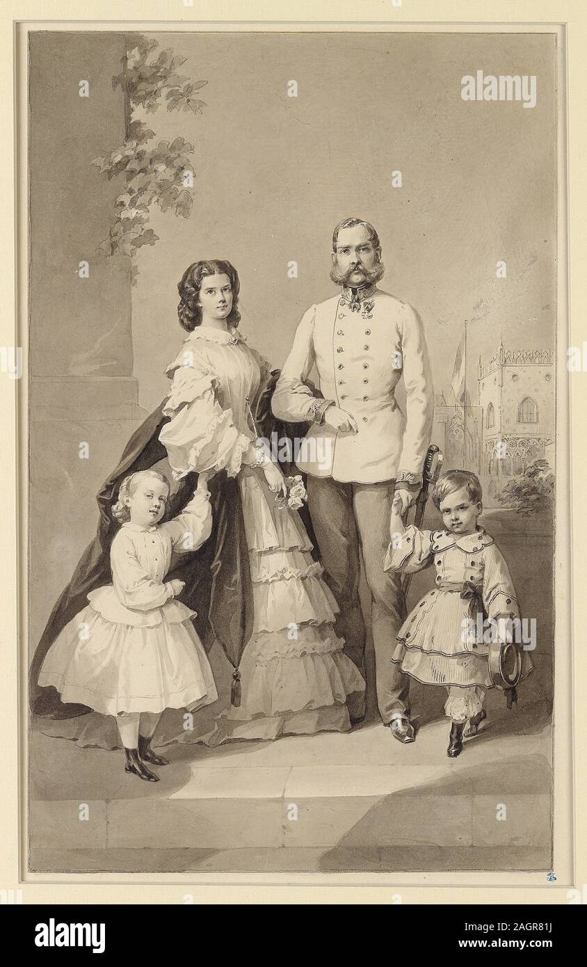 Emperor Franz Joseph I with Empress Elisabeth and their children Crown Prince Rudolf and Archduchess Gisela. Museum: PRIVATE COLLECTION. Author: ANONYMOUS. Stock Photo
