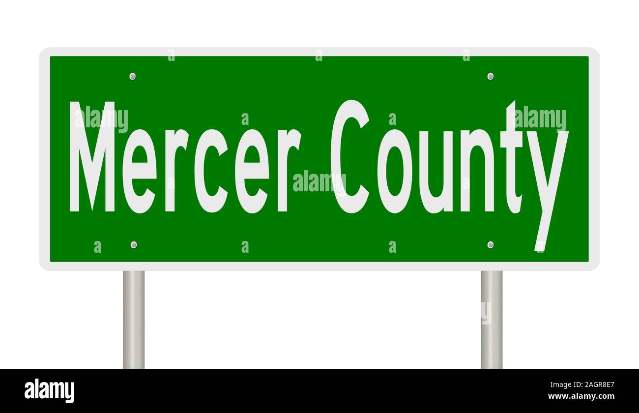 Rendering of a green 3d highway sign for Mercer County Stock Photo