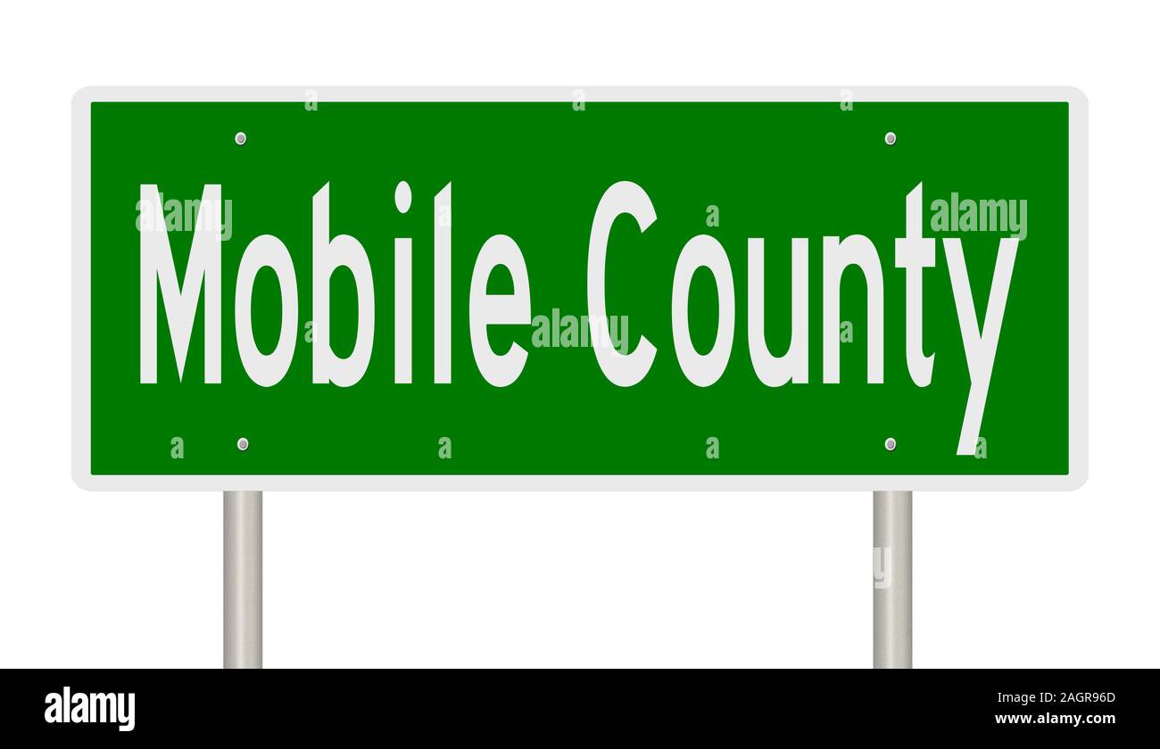 Rendering of a green 3d highway sign for Mobile County Stock Photo