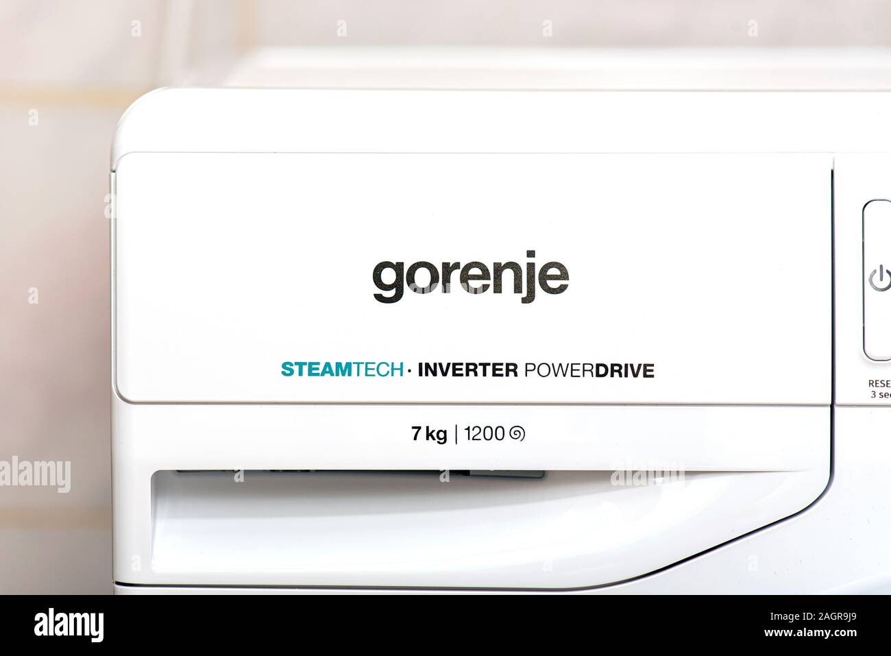 BERLIN - 18 - DEC: GORENJE logo on Washing Machine in Berlin on December 18. 2019 in Germany Stock Photo