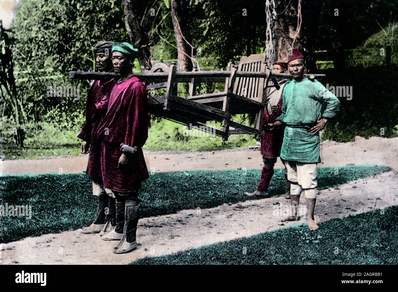 vintage hand painted photo 'Dandy and Bearers, early 20th century. Artist: Unknown West bangal INDIA Stock Photo