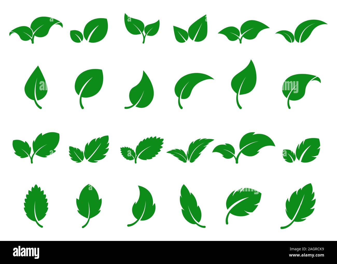 Green leaves logo. Leaf icon set. Herbal eco abstract label. Bio, vegan or pharmacy concept. Simple flat foliage design. Decorative nature silhouette. Stock Vector