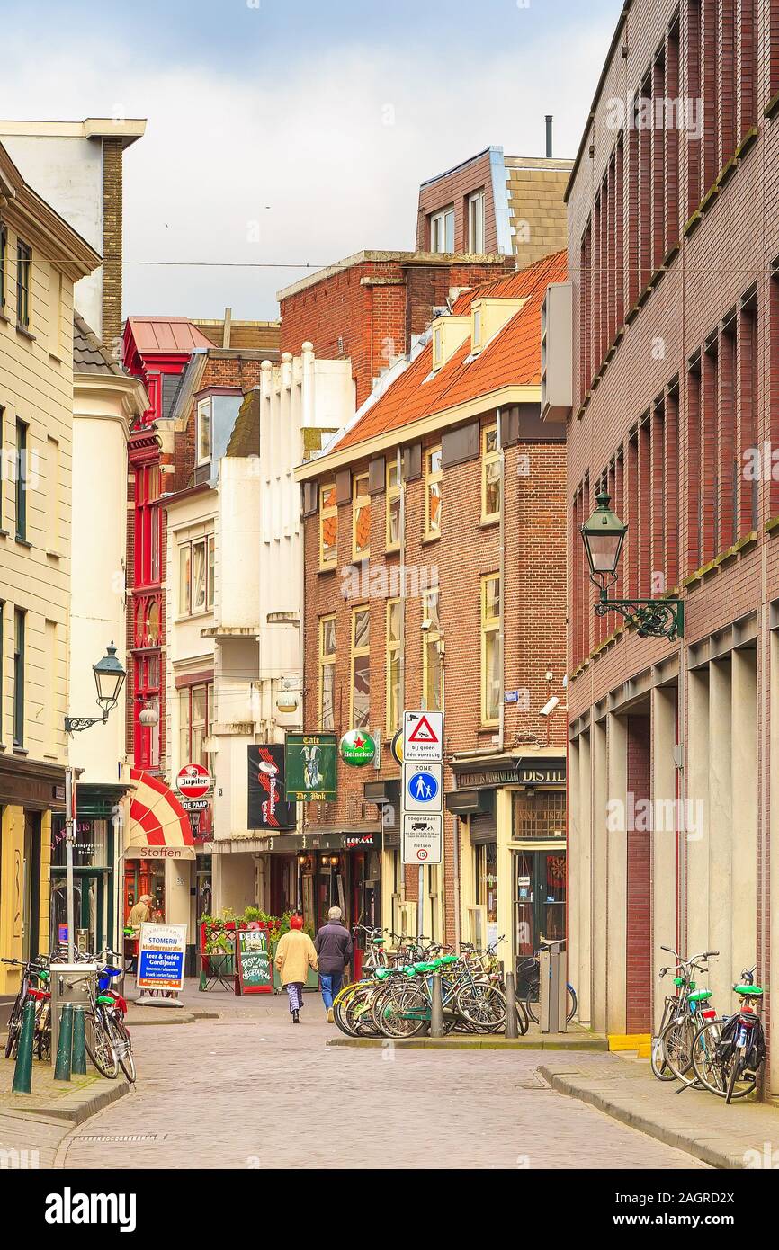 Hague, Netherlands April 5, 2016 Street view with traditional houses in Den Haag, Holland