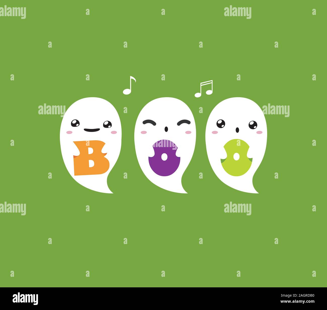 three ghost is holding boo letters on green background Stock Vector