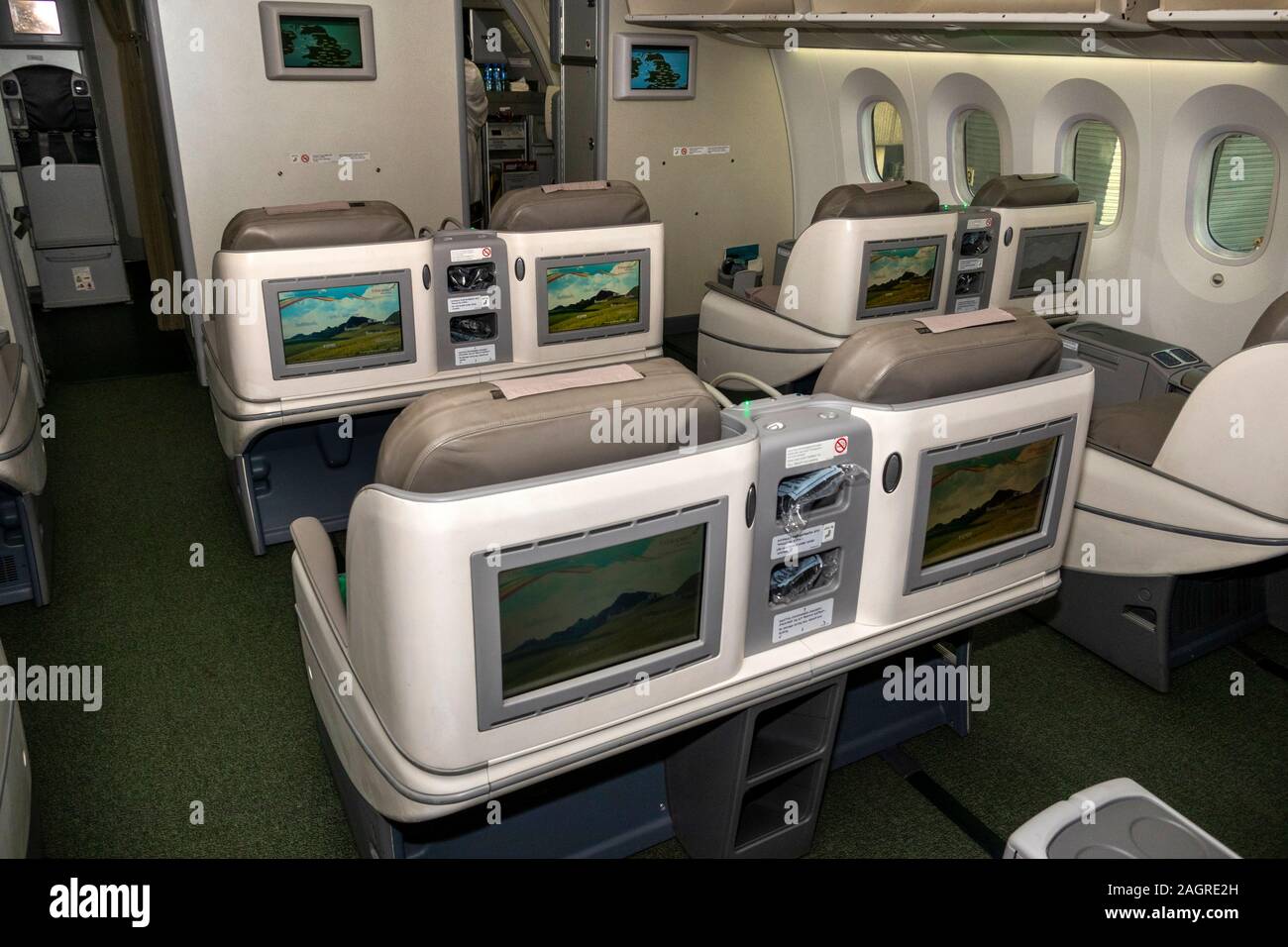 Air Travel, Ethiopian Airlines Boeing 787 Dreamliner, Cloud 9 Business Class cabin Stock Photo