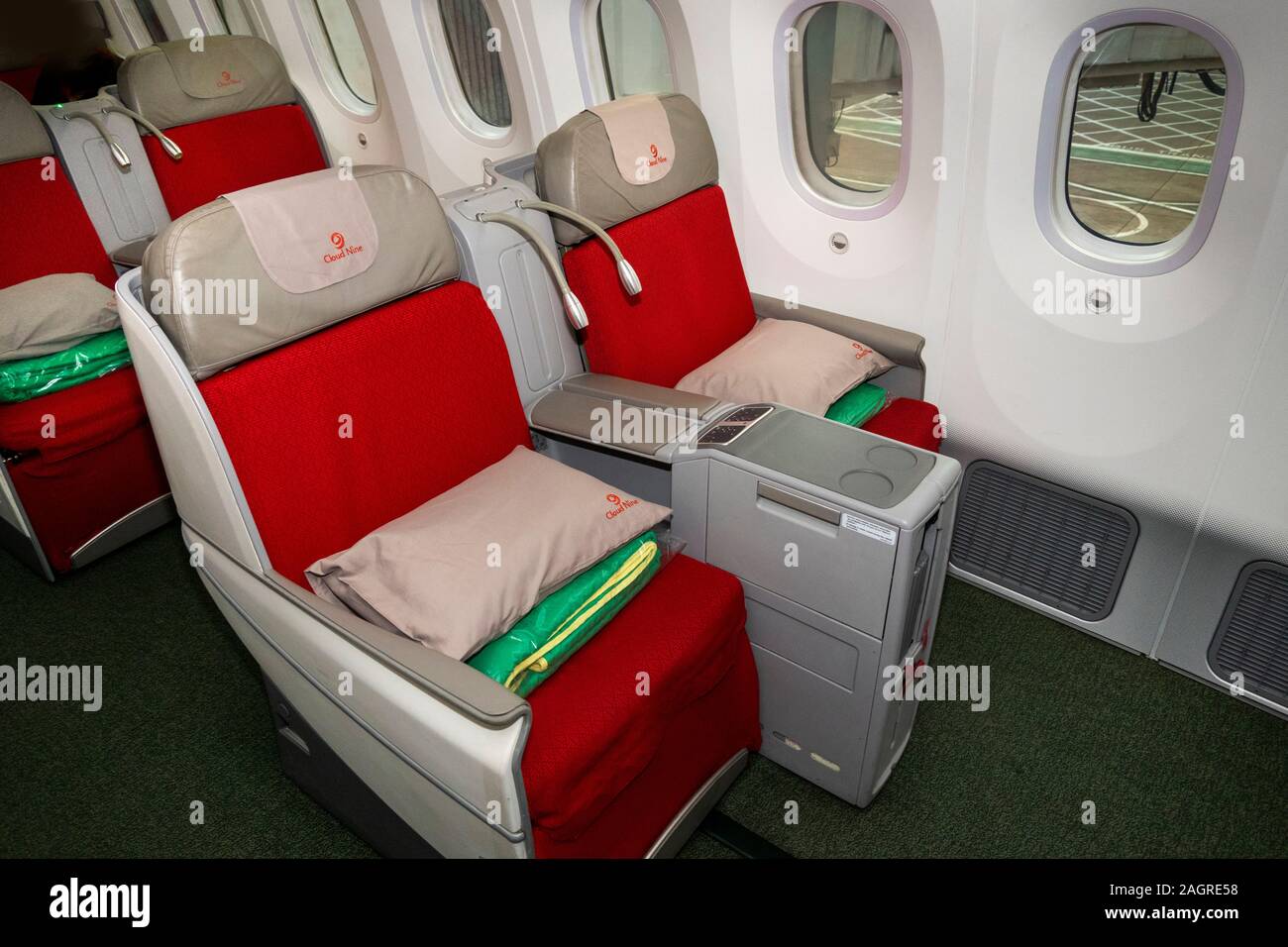 Air Travel, Ethiopian Airlines Boeing 787 Dreamliner, Cloud 9 Business Class cabin seats Stock Photo