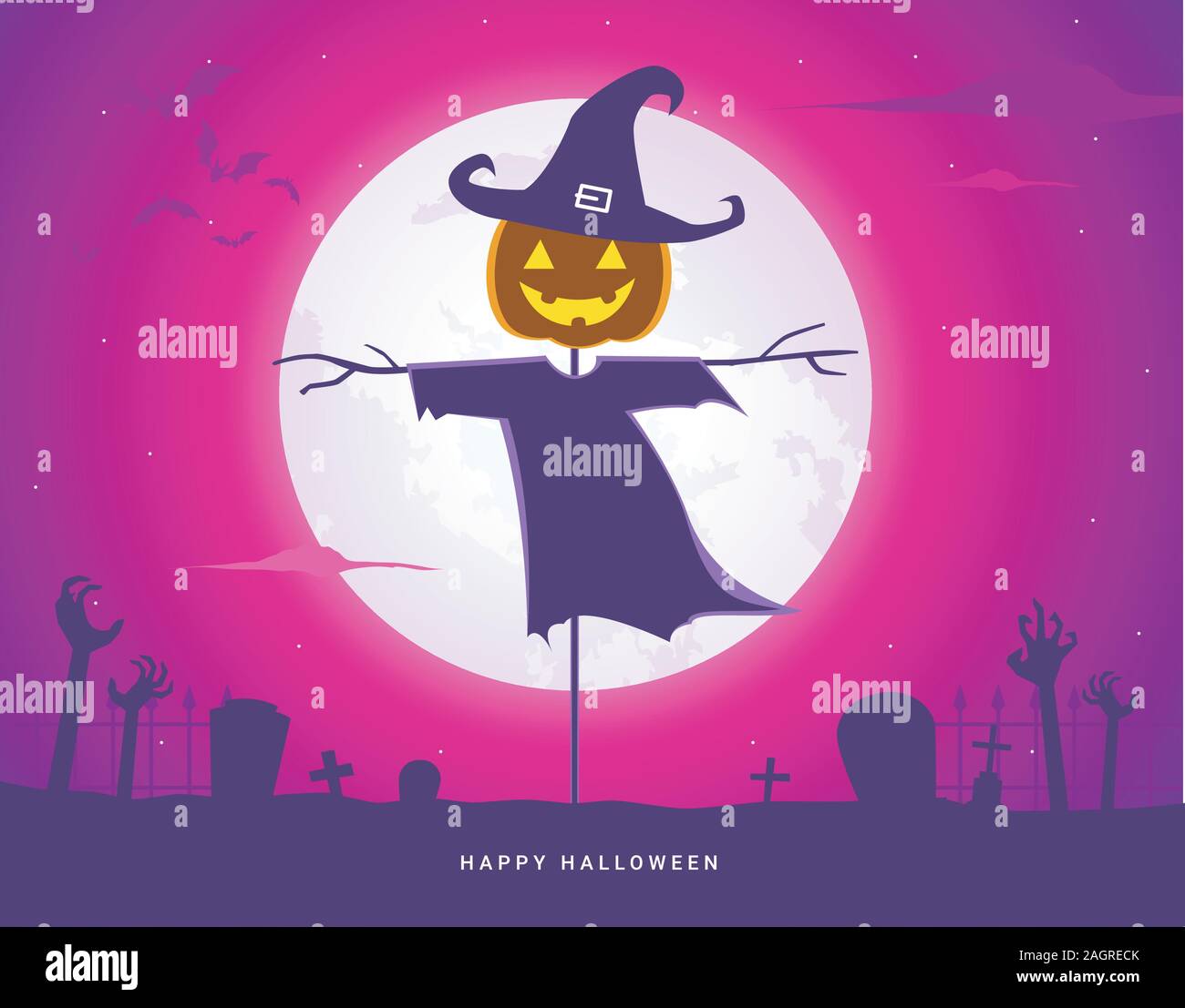 scarecrow in purple moonlight. Isolated Vector Illustration Stock Vector