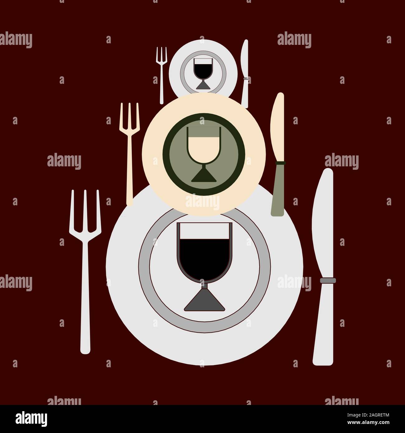 Plates, forks, knives and glasses of different sizes for changing dishes on a dark background. Flat design. Vector illustration. Suitable for restaura Stock Vector