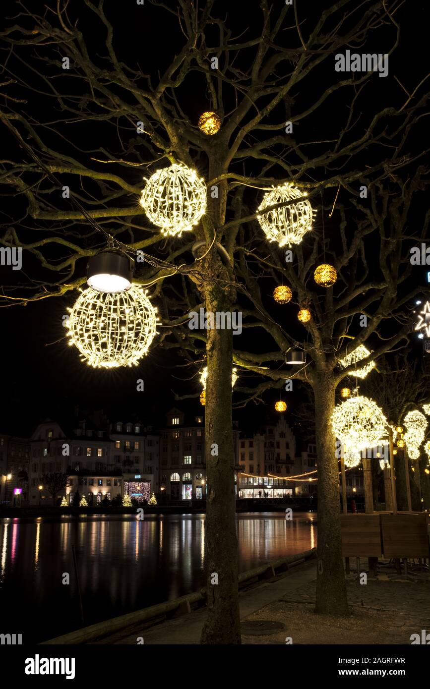Christmas decoration lights in the old town of Lucerne in Switzerland Stock Photo