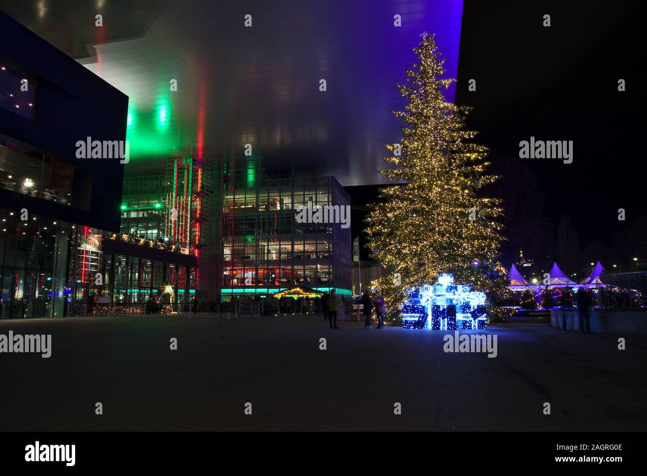 Christmas tree in front of the Kunst und Kongresszentrum (KKL) in Lucerne in Switzerland Stock Photo