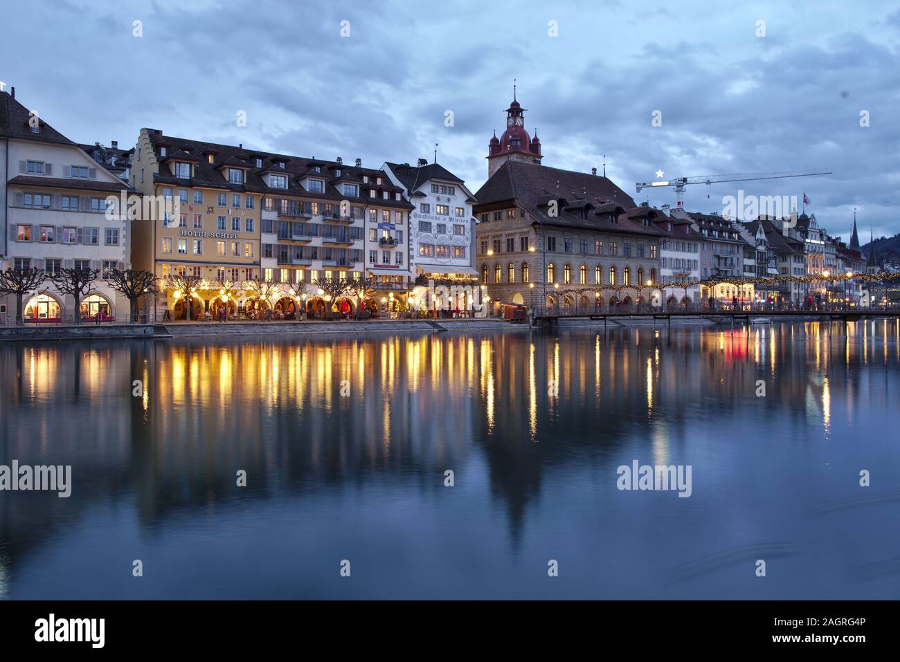 City of Lucerne in Switzerland by night during Christmas season with all the beautiful christmas lights Stock Photo