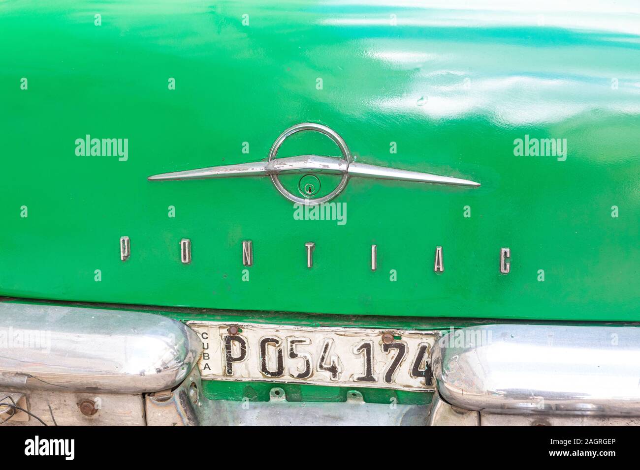 The logo on a Pontiac car in Havana, Cuba. Stock Photo
